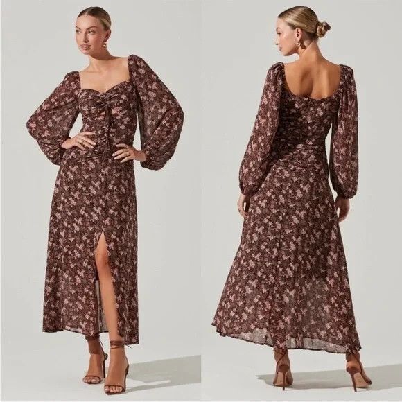 ASTR Sweetheart Neck Long Sleeve Midi Dress In Brown Blush Floral Boho - Picture 1 of 14